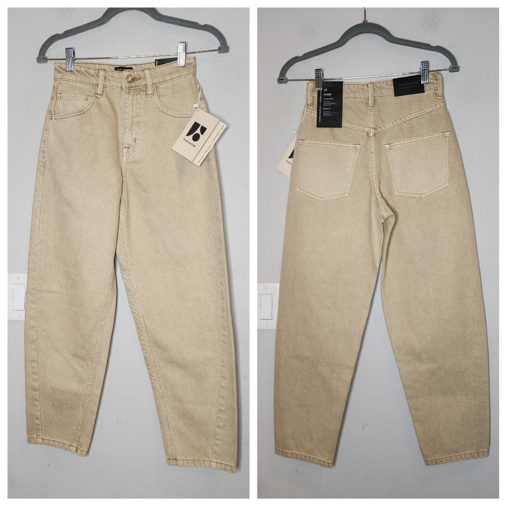 NWT Frank & Oak Linda Balloon Fit Tan Khaki‎ Jeans. Women's size 23. Hemp/Cotton